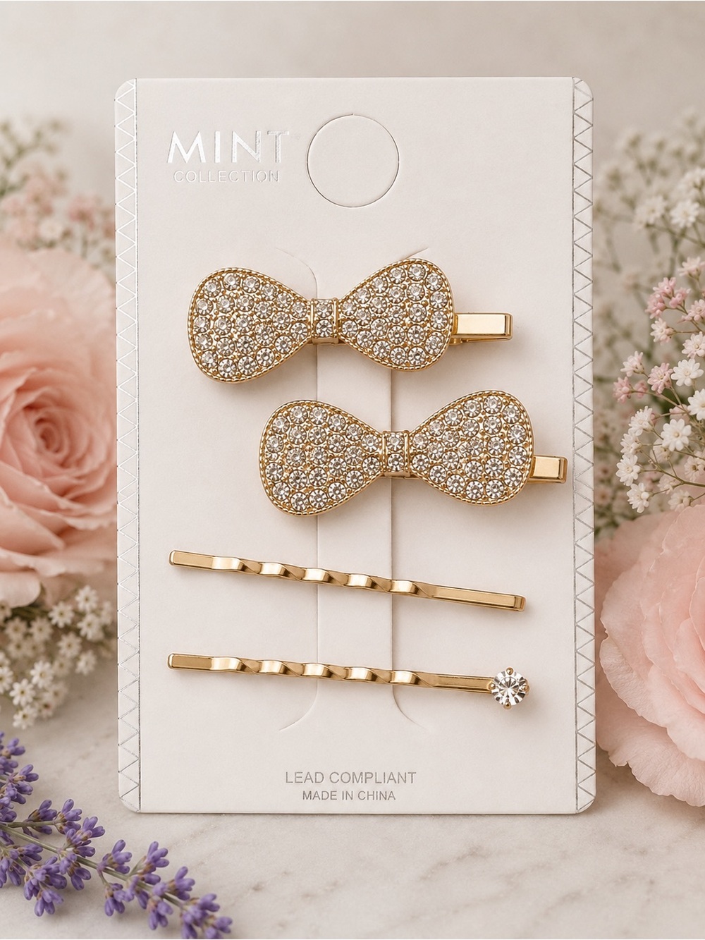 Rhinestone Bow Hair Clip Set Gold Crystal Bridal Flower Girl Hair Accessories - Picture 5 of 5